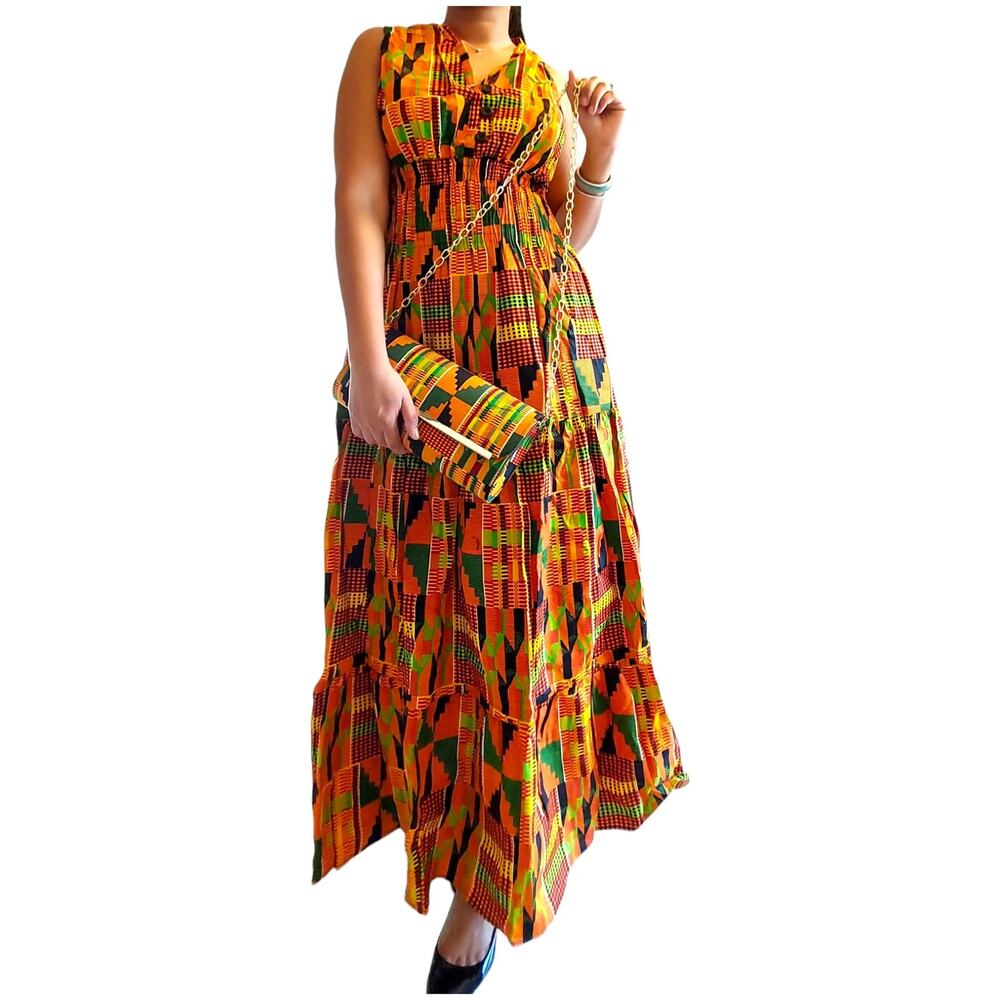 Smocked Dress with Head Scarf - Orange Kente (free size)